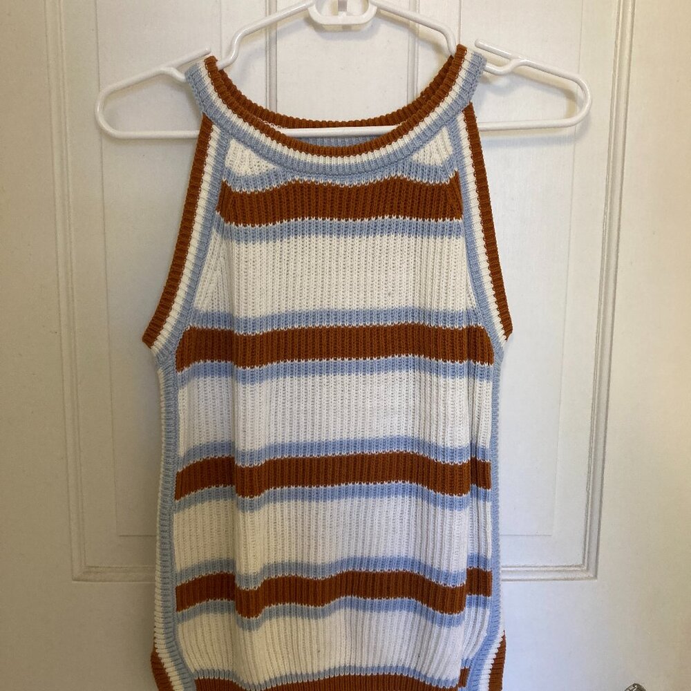 High Neck Sleeveless Striped Sweater Top